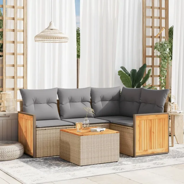 vidaXL 5-delige Loungeset met kussens poly rattan beige, foto 2