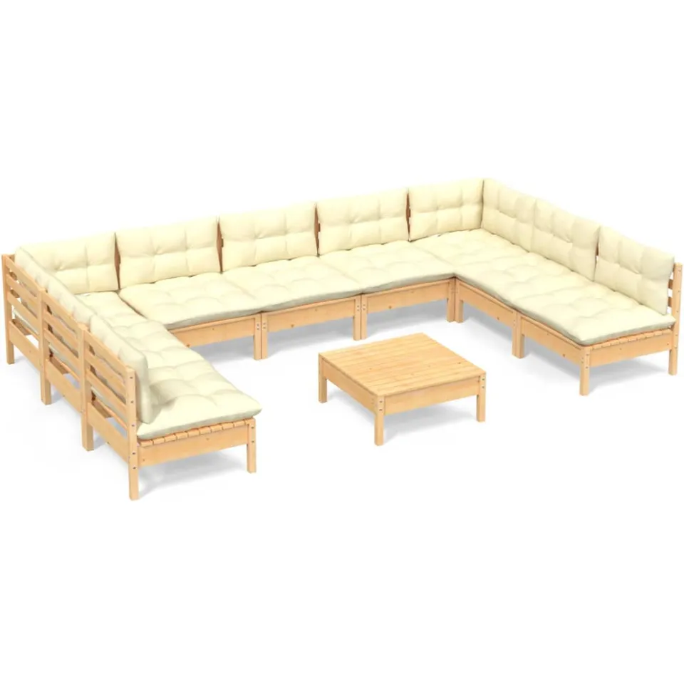 vidaXL 10-delige Loungeset met crèmekleurige kussens grenenhout