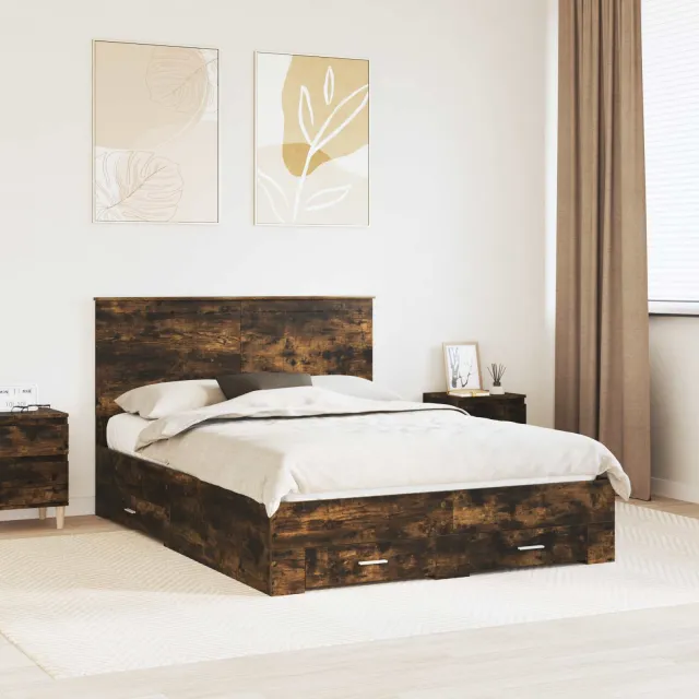 vidaXL Bedframe met lade Gerookt eiken 140 x 200 cm Bewerkt hout Bruin