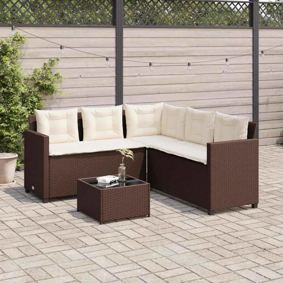 vidaXL Tuinbank met tafel en kussens L-vormig poly rattan bruin, foto 2