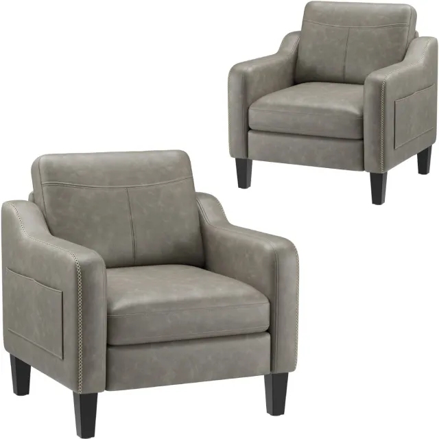 COLAMY Fauteuil van leer - met zijopbergzak - belastbaar tot 136 kg - geschikt voor woonkamer/kantoor/studie - GY grey