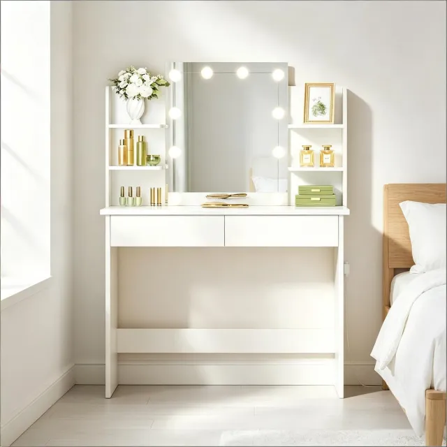 MEUNIQ Kaptafel 90 x 40 x 135 cm met LED-spiegel, 10 dimbare lampen, 3 lichtkleuren, 2 lades en 4 open vakken voor slaapkamer, wit