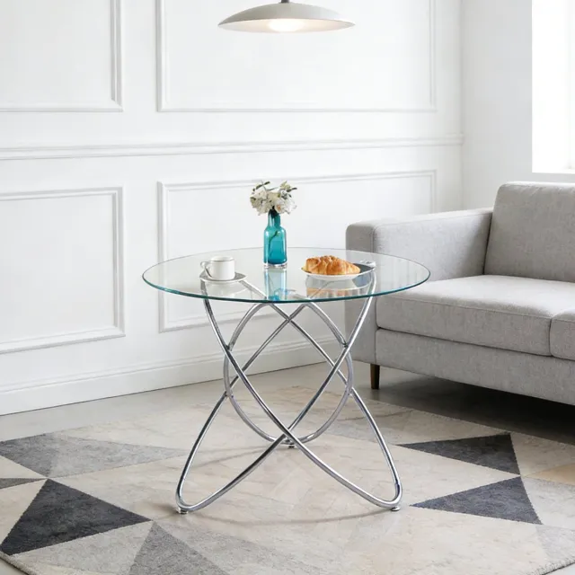 COVREO Eettafel rond 80 cm chroom, glas met metalen onderstel, modern Chrome