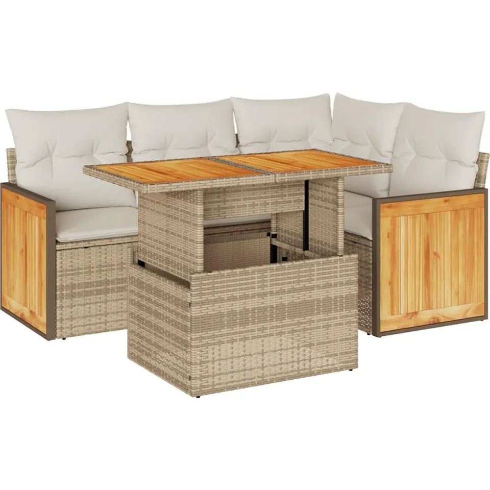 vidaXL 5-delige Loungeset met kussens poly rattan en acaciahout beige, foto 3