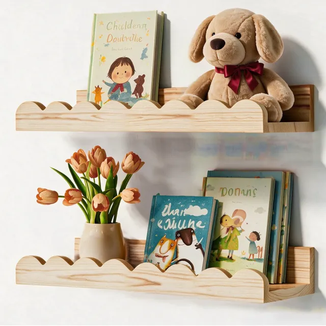 Mrilary Zwevende planken 2 stuks - 42 cm - Houten boekenplanken voor kinderkamer - Golvende rand wandplanken - Boekenplanken voor slaapkamer, babykamer en kinderkamer - hout hout - 42 cm - 2 stuks