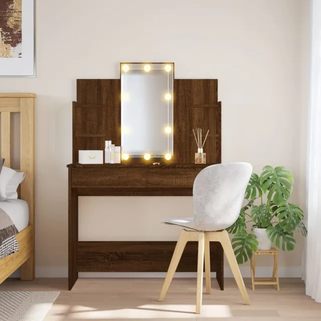 GranMaison Kaptafel met spiegel en verlichting - Make up tafel - Make up - Toilettafel -Met lades - 96 cm x 40 cm x 142 cm - Bruineiken