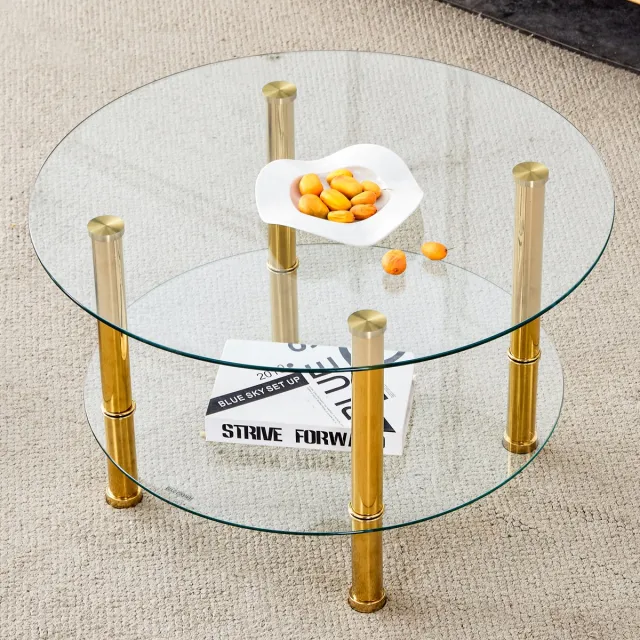 OKWISH Salontafel Met Dubbel Blad - Gehard Glas - Voor Woonkamer/Balkon - Metaal Goud/Transparant - Ø70/Ø60x42 Cm