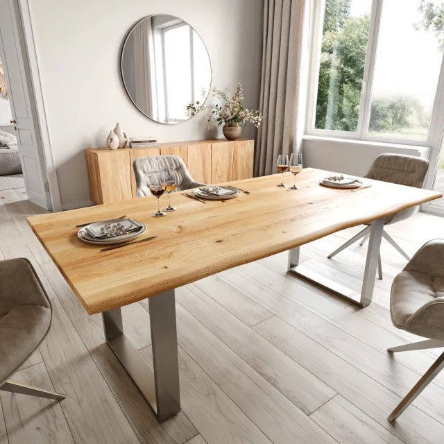 DELIFE Eettafel Edge eiken natuur 200x100x2,5-3 edelstaal smal Live-Edge Bruin