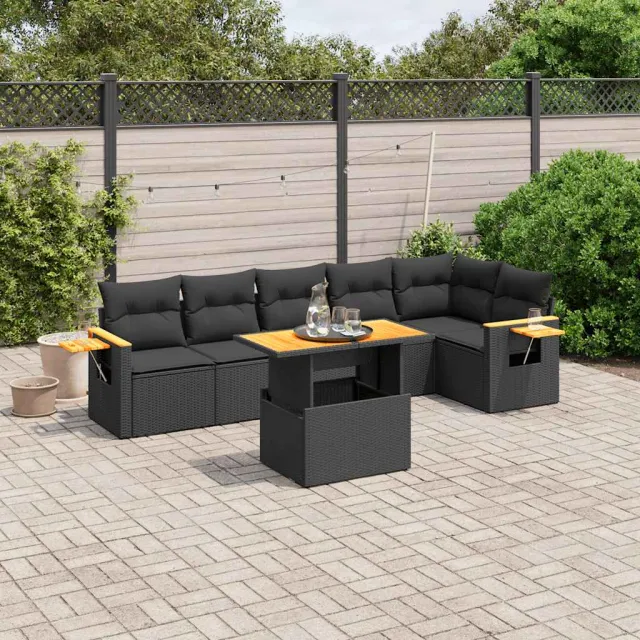 vidaXL 7-delige Loungeset met kussens poly rattan zwart, foto 2