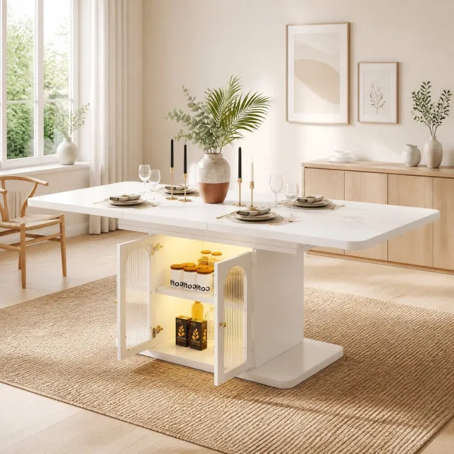 MODENUIT Eettafel - Uitschuifbaar Met Opbergruimte En LED-Verlichting - Scandinavisch - MDF - Wit - 200x80 Cm
