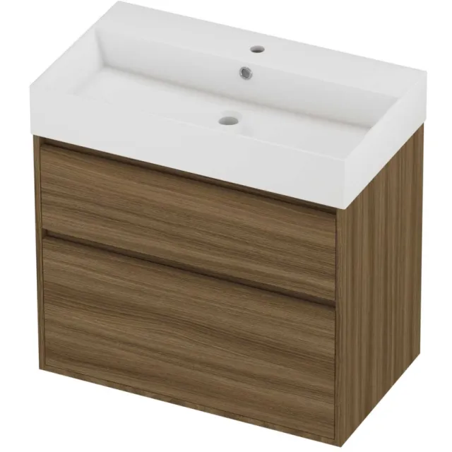 Proline Zara Badmeubelset Porselein Loft 1 Kraangat Greeploos 80x46x78 cm Glans Wit Caramel Walnut Houtlook