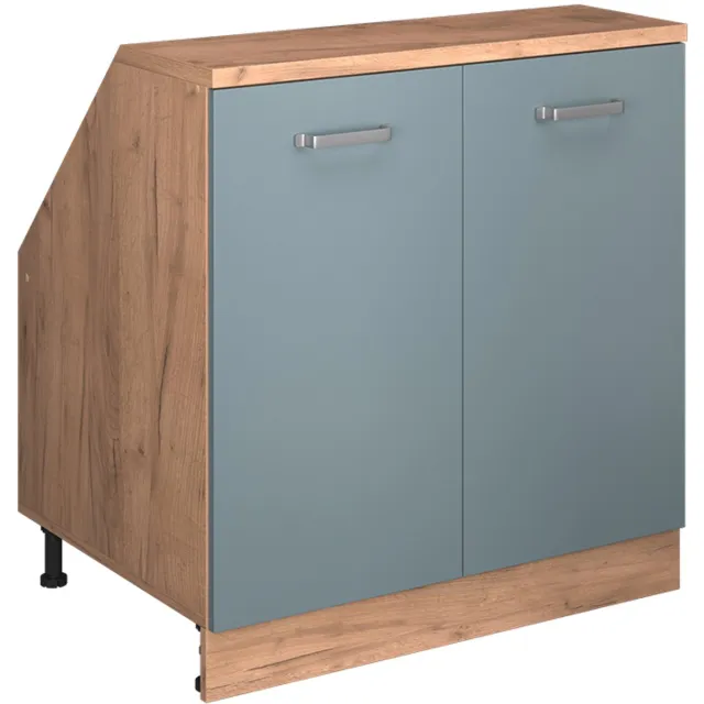 Vicco R-Line Keukenkast voor schuine wand – 80 cm met 2 deuren, kastromp 60 cm diepte Blauw-grijs Blauw-grijs/Goudkleurig Eiken
