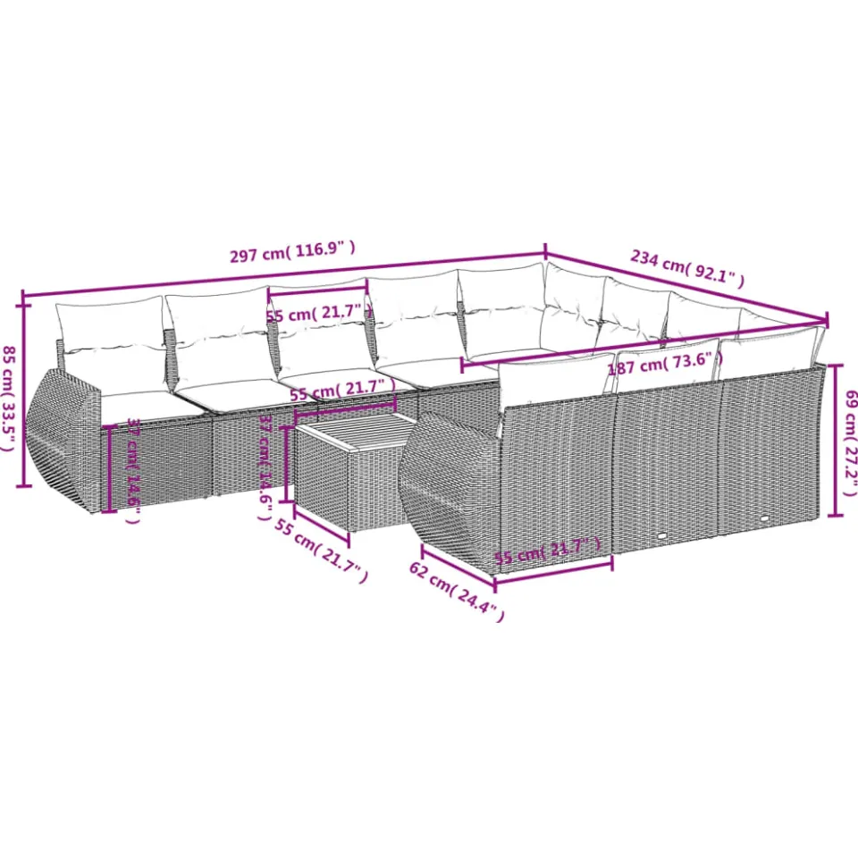 vidaXL 11-delige Loungeset met kussens poly rattan zwart, foto 3