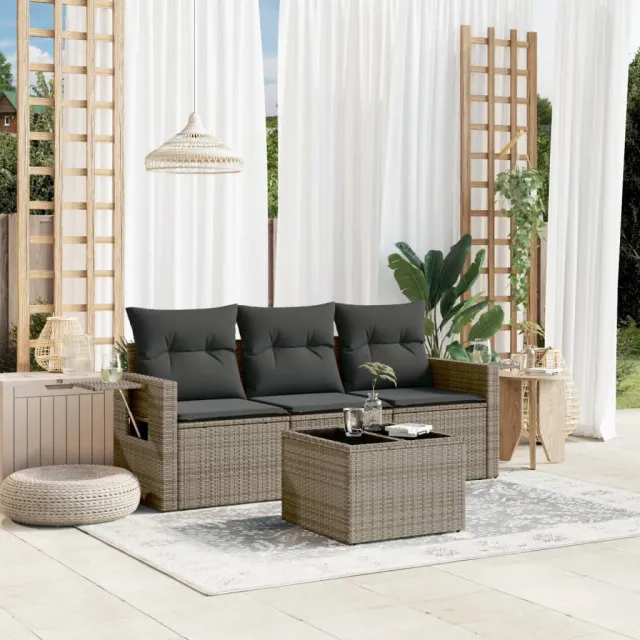 vidaXL 4-delige Loungeset met kussens poly rattan grijs, foto 2