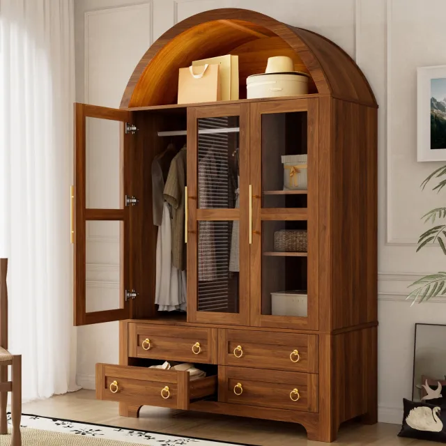 MODENUIT Kledingkast - 3 Glazen Deuren en 4 Lades - Voor Slaapkamer - Spaanplaat en MDF - 110x50x186 Cm Walnootkleur