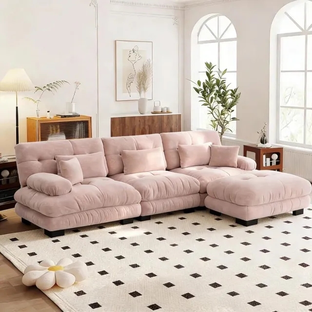Zubaliya Luxe modulaire hoekbank - Extra grote L-vormige wolkbank voor de woonkamer, Convertibele L-vormige Bank, 3-Zitsbank, Hoekbank, Diepe Slaapbank met Voetenbank, Corduroy Chenilleroos