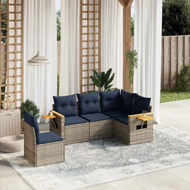 vidaXL 5-delige Loungeset met kussens poly rattan grijs, foto 2