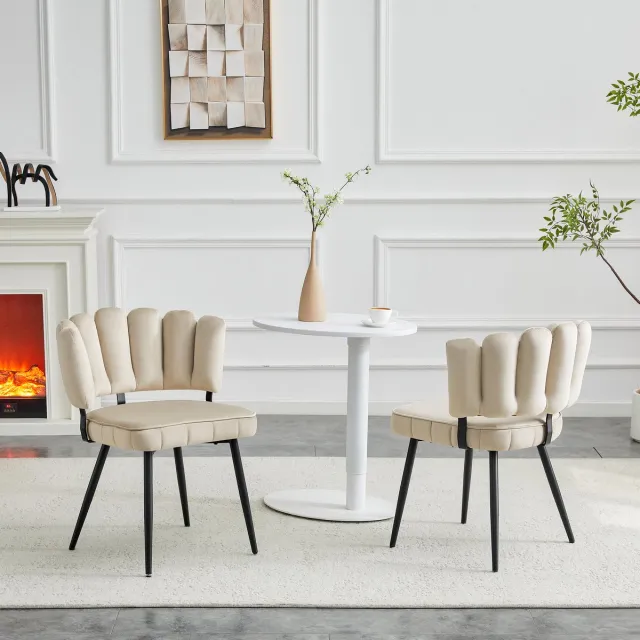 MODENUIT Eetkamerstoel - Bloemvormige Rugleuning - Set van 2 - Voor Eetkamer en Woonkamer - Stof Metaal - Beige Beige+Zwart