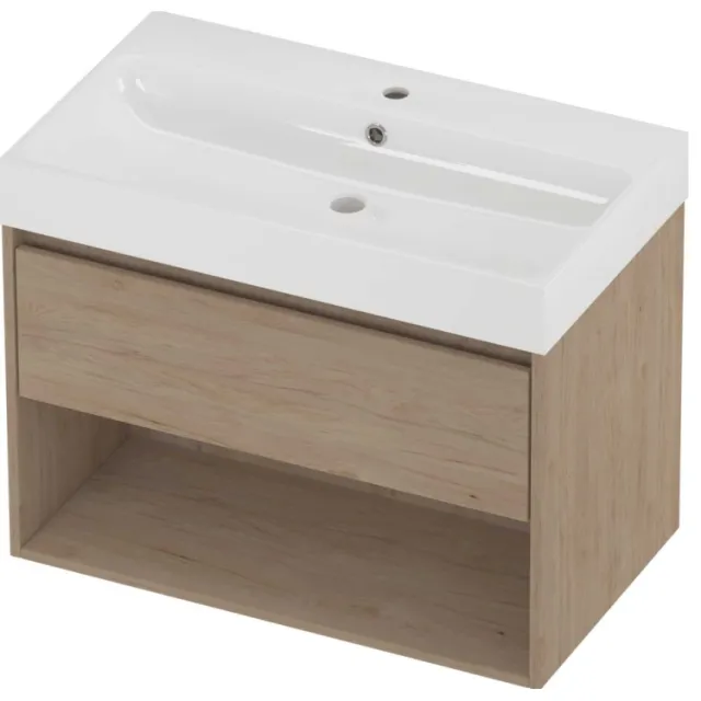 Proline Podium Badmeubelset Polystone Loft 1 Kraangat Met Schap 80x46x62 cm Glans Wit Ideal Oak Eiken
