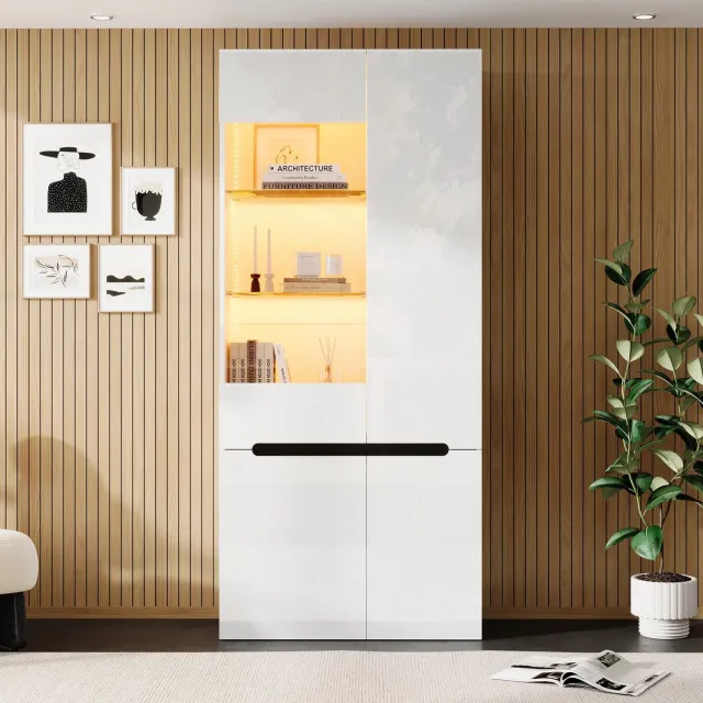 OKWISH Vitrinekast - Ledverlichting Met Bluetooth - 4 Deuren En 8 Vakken - Verstelbare Glazen Planken - Hoogglans Wit MDF - 80 X 35 X 180 Cm