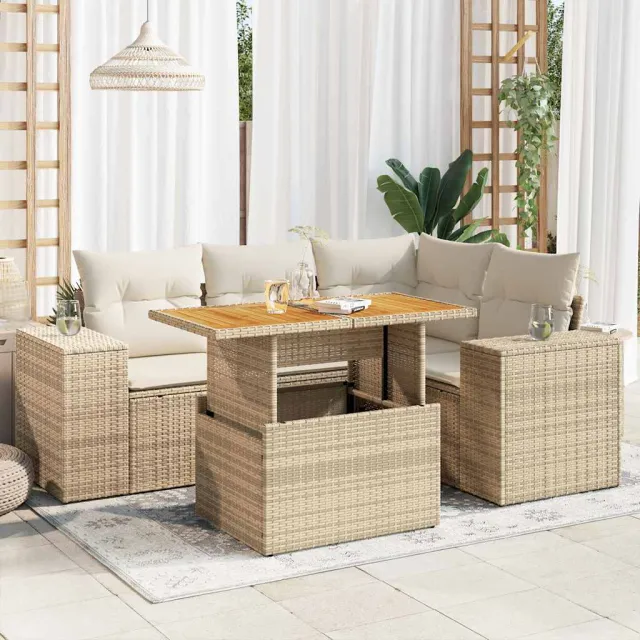 vidaXL 5-delige Loungeset met kussens poly rattan beige, foto 2