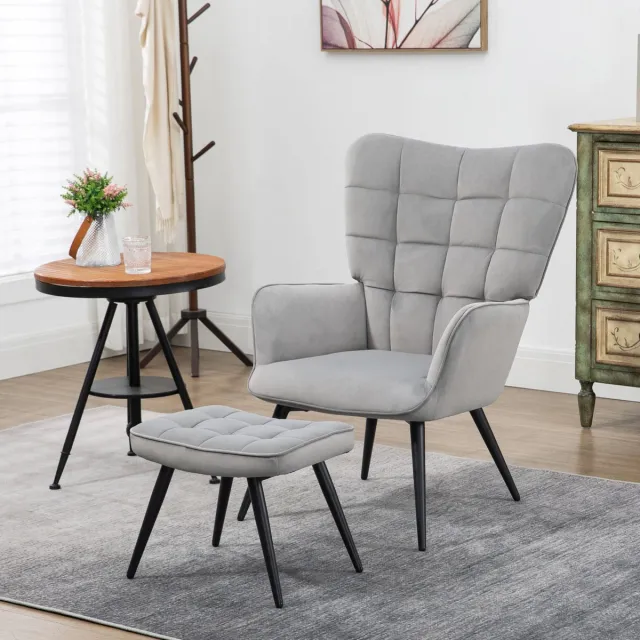 REDOM Fauteuil met hocker - Hoge rugleuning en armleuningen - Gestoffeerd - Stalen poten - Scandinavische stijl - Woonkamer of kantoor - Velvet - Lichtgrijs - 73 x 77,5 x 98 cm