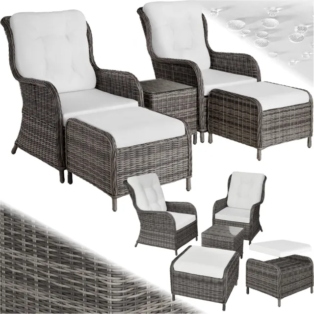 Tectake 2x Premium Wicker Tuinstoelen - Fauteuils met Kruk en Tafel - Relaxstoel voor tuin, terras en balkon - Ligstoel - Leesstoel - Lounge Tuinmeubel Set - Weerbestendig - Variabel - Grijs