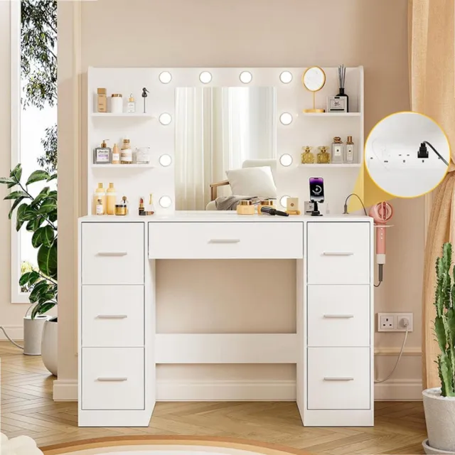 Sierra , Grote Kaptafel met Verstelbare LED-spiegel en Verlichting,Make-up Tafel met stopcontacten,10 lampen,7 laden,4 Open Opbergvakken,haardrogerhouder,slaapkamer,modern Wit