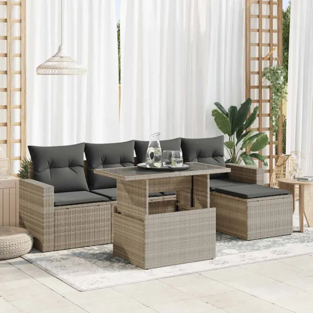 vidaXL 6-delige Loungeset met kussens poly rattan lichtgrijs grijs, foto 2