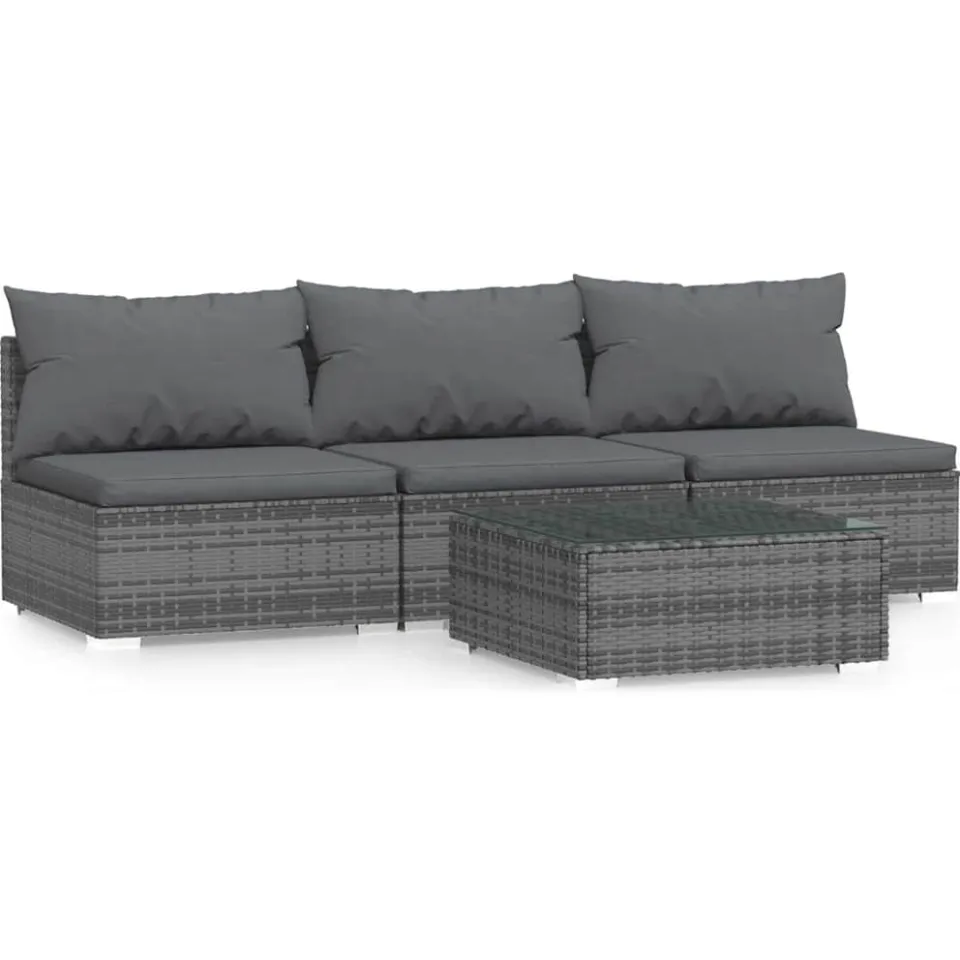 vidaXL 4-delige Loungeset met kussens poly rattan grijs, foto 3