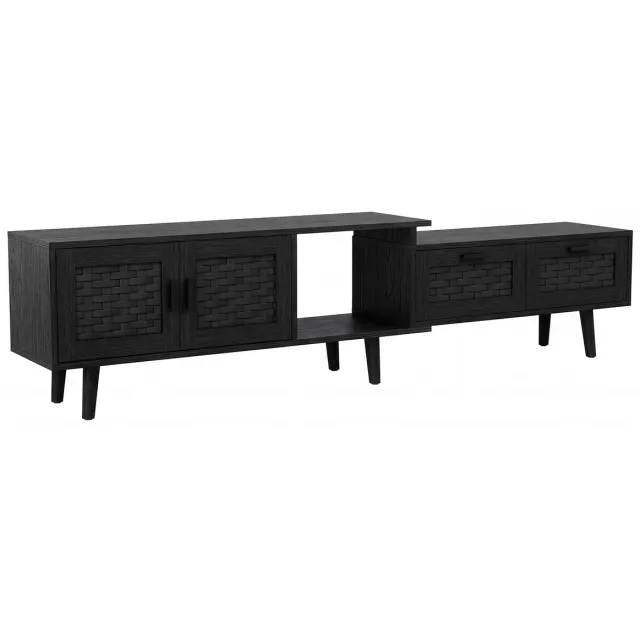 Noventra tv meubel - tv kast - zwart - in en uitschuifbaar - met 5 opbergruimtes - 145-180 cm lengte - 44 cm hoog - 29cm breed