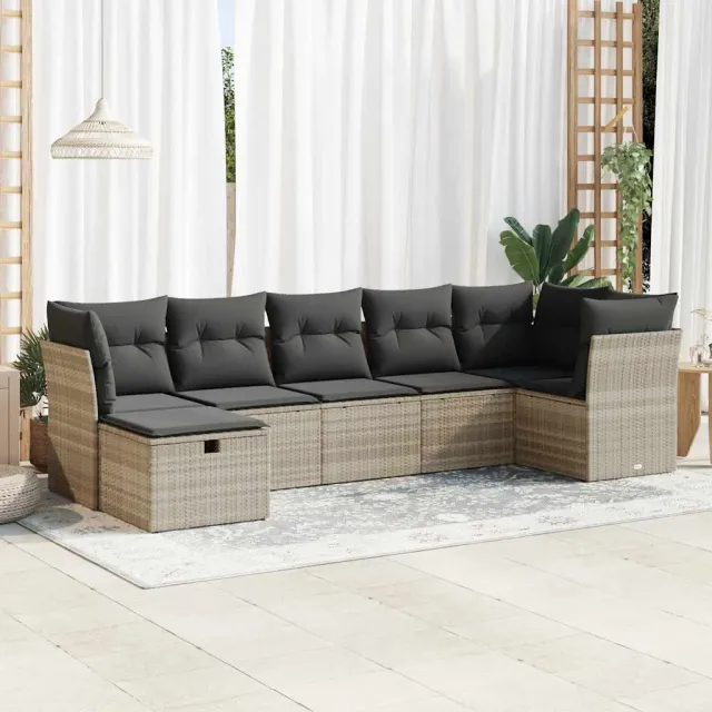 vidaXL 7-delige Loungeset met kussens poly rattan lichtgrijs grijs, foto 2