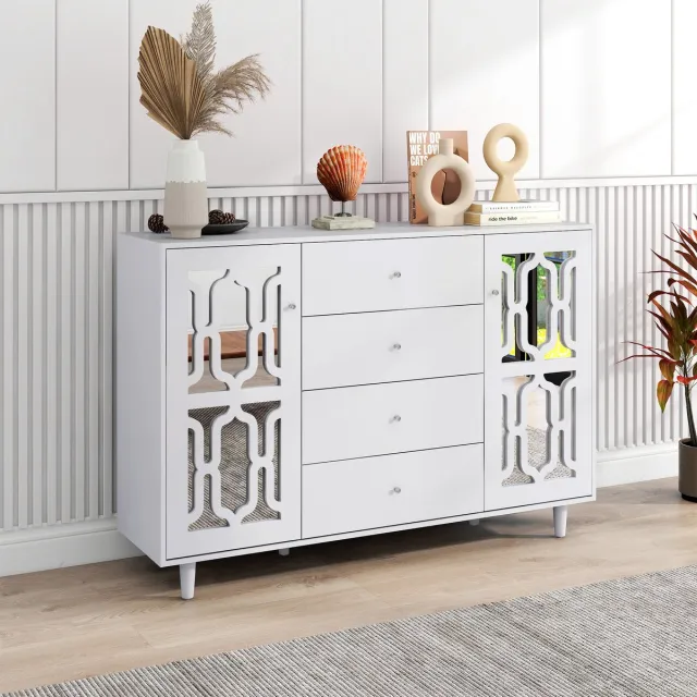 FloraGrace Dressoir - Spiegel Front Met Kristal Grepen - 2 Deuren En 4 Lades Voor Woonkamer En Eetkamer - MDF - Wit - 147,5x40x102 Cm