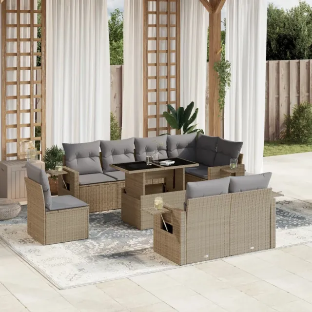 vidaXL 9-delige Loungeset met kussens poly rattan beige, foto 2