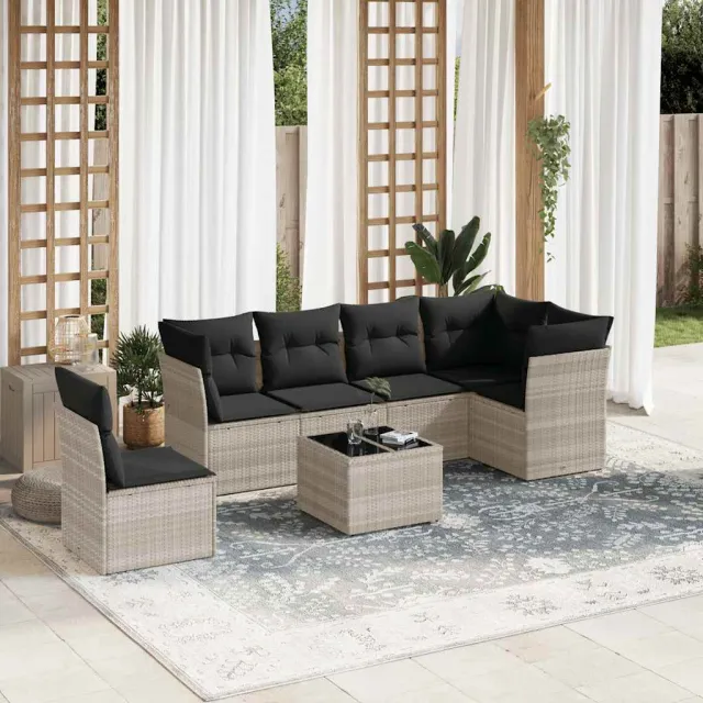 vidaXL 7-delige Loungeset met kussens poly rattan lichtgrijs grijs, foto 2