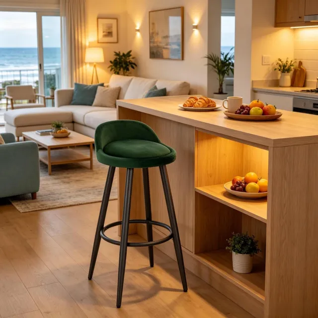 DESMIU Barkruk 78,5 Cm - Comfortabele Velvet Barkruk Met Rugleuning En Voetensteun - Voor Keuken Eiland En Bar - Metaal En Hout - Donkergroen
