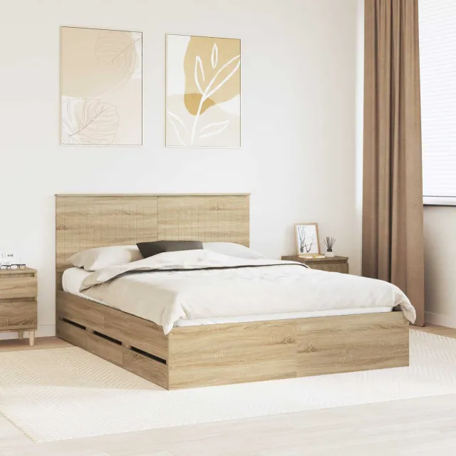 vidaXL Bedframe met lade Grijs Sonoma 150 x 200 cm Ingenieurshout