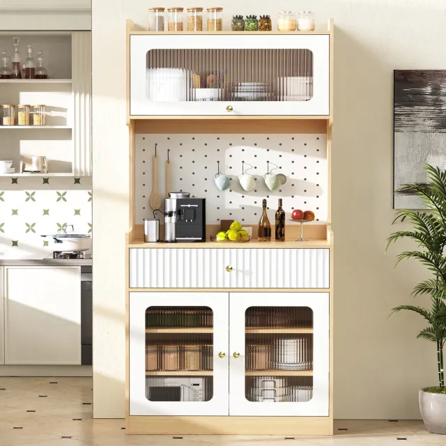 STILVORA Buffetkast - Met Ledverlichting En Verstelbare Planken - Voor Keuken En Eetkamer - MDF En Spaanplaat - 80x40x180 Cm Natuurlijk en Wit