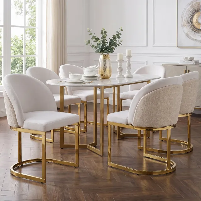 MODFU Set Van 6 Eetkamerstoelen - Chenille Bekleding - Armleuningen - Metaal - Beige En Goud