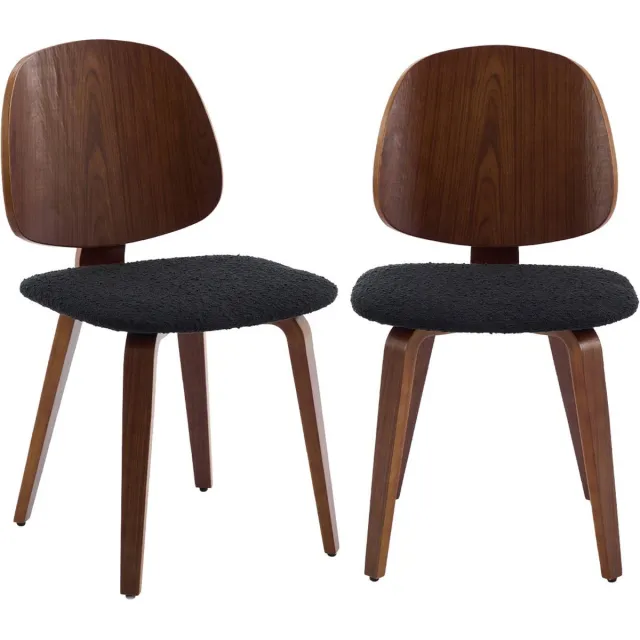 sweeek Set van 2 stoelen van gebogen populierenhout met walnootfineer en getextureerde bouclé - sophia Zwart