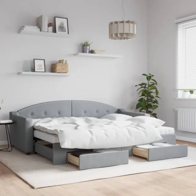vidaXL Slaapbank met onderschuifbed en lades 80x200 cm stof lichtgrijs grijs