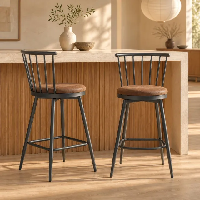 CHICFURN Barkruk - Gewatteerde zitting - 39 x 39 x 96 cm - Set van 2 - Met rugleuning - Keukeneiland en bar - Metaal en stof - Bruin