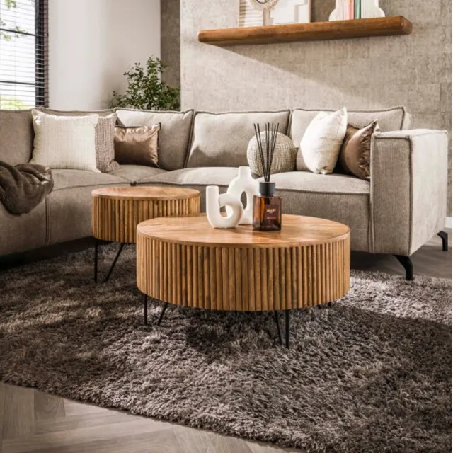 Meubelplaats Salontafel Wave set van 2 rond mangohout - Zandkleur Lichtbruin massief mango zandkleur