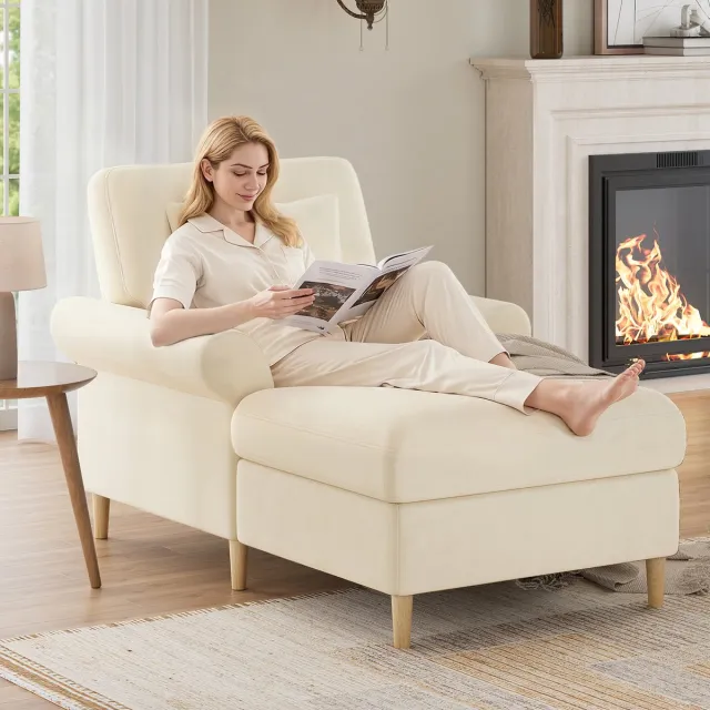 Zubaliya Relaxfauteuil - Velvet Lounge Stoel Met Verstelbare Rugleuning - 1-Zits Chaise Longue Met Voetensteun En Zachte Kussens - Comfortabele Leesstoel Voor Woonkamer Slaapkamer - Luxe Fauteuil - Beige
