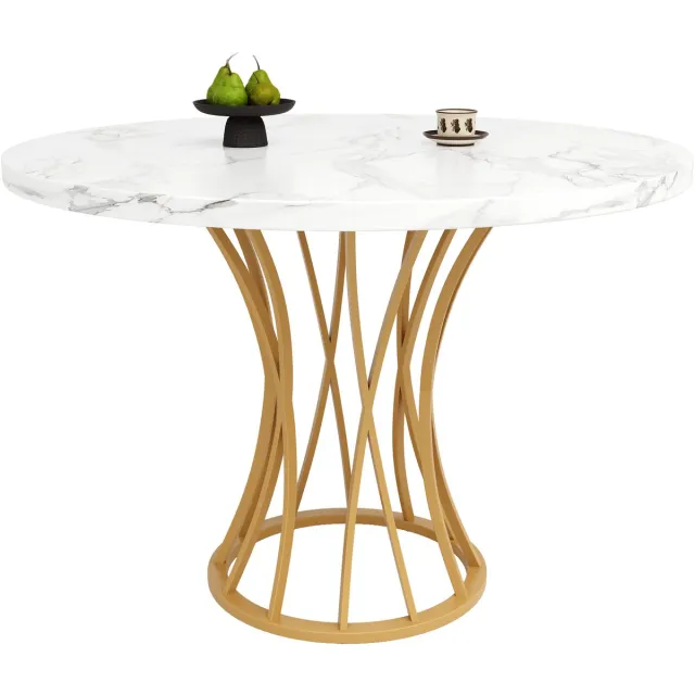 MODFU Ronde Eettafel met Gouden Onderstel – Marmerlook MDF Blad – Geschikt voor Eetkamer – MDF en Metaal – Goud – 80x80x76 cm