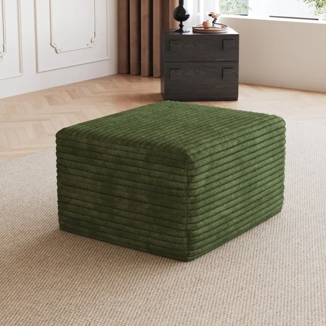 MIVRAY Poef 65 x 60 x 38 cm - Zachte Geribde Ribstof - Zonder Montage - Comfortabele Zit- En Voetsteun Voor Woonkamer En Slaapkamer - Groen