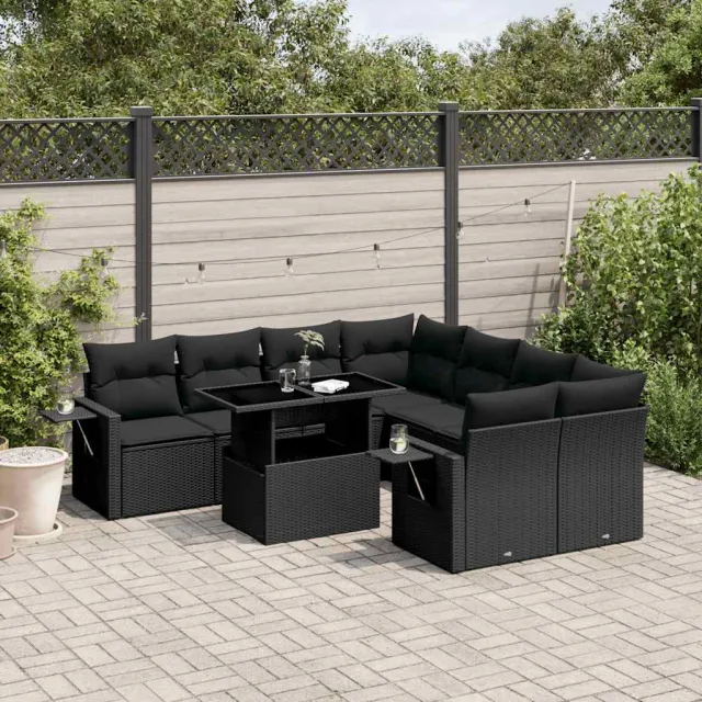 vidaXL 9-delige Loungeset met kussens poly rattan zwart, foto 2
