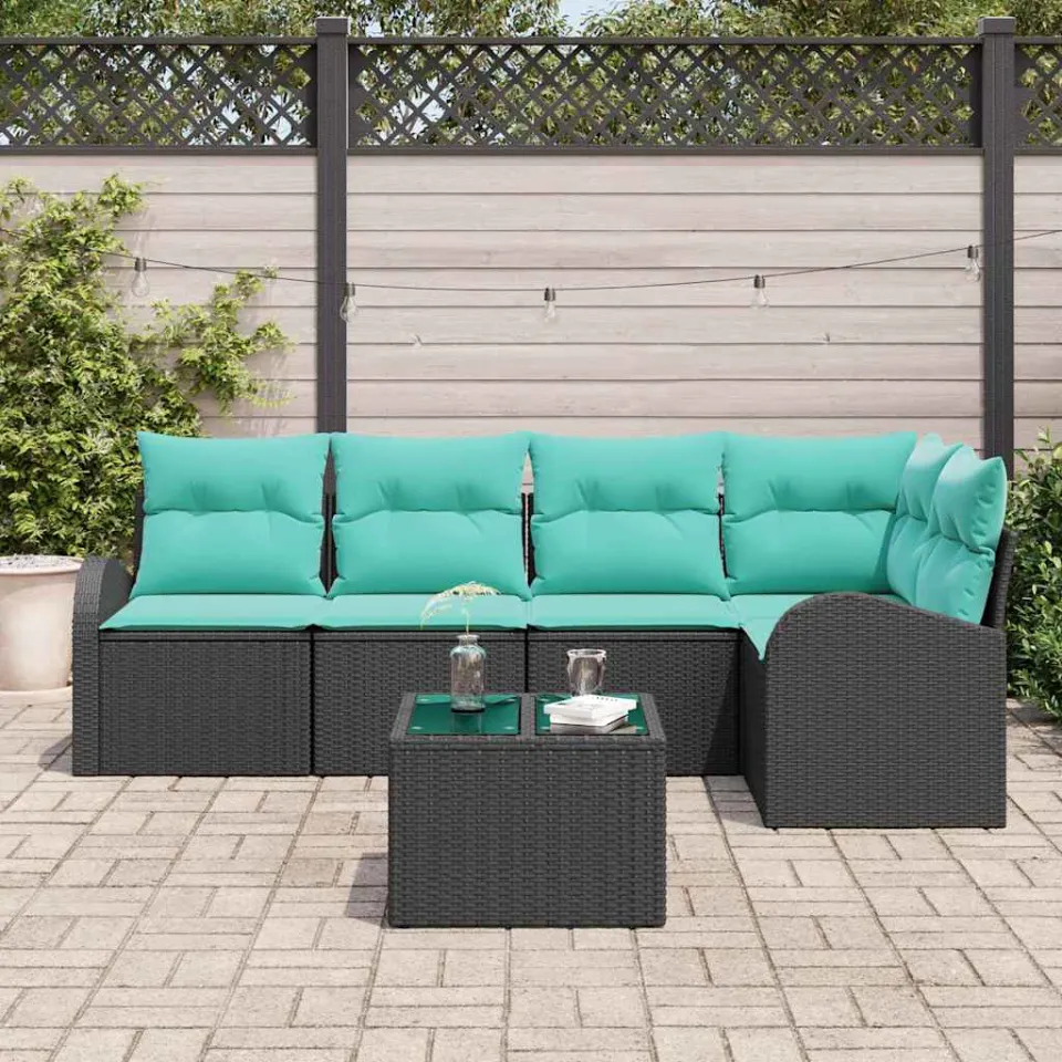 vidaXL Tuinbankenset 6 st Zwart en Turquoise poly rattan, foto 3