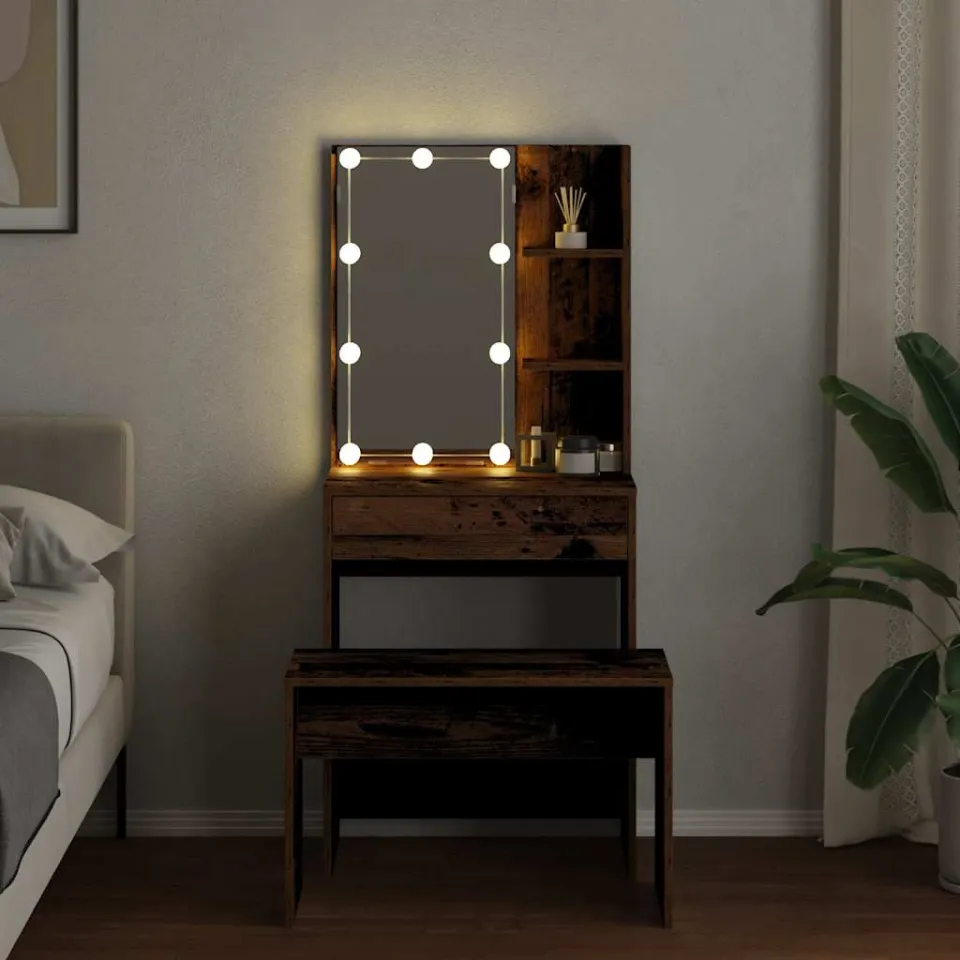 vidaXL Kaptafelset met LED-verlichting bewerkt hout oud houtkleurig bruin, foto 2