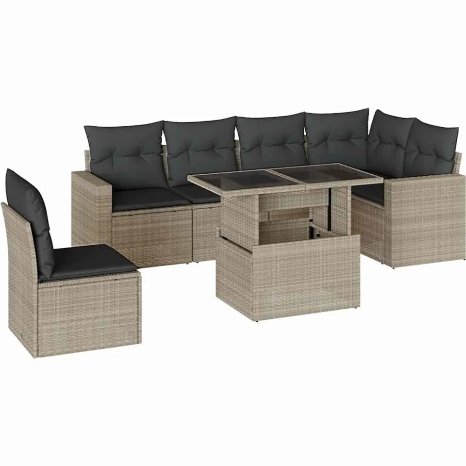 vidaXL 7-delige Loungeset met kussens poly rattan lichtgrijs grijs